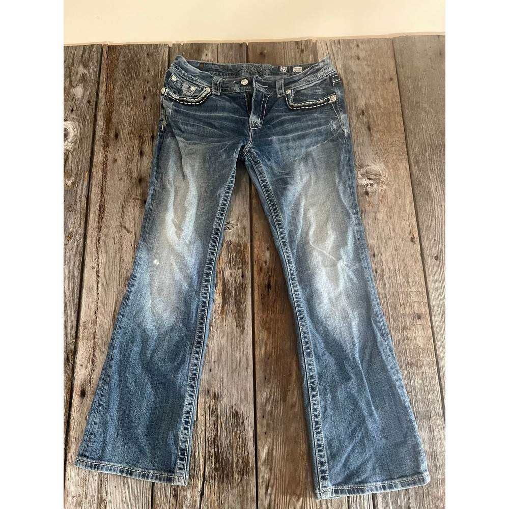 Miss Me Easy Bootcut Jeans Womens 29 Medium Wash Rhinestone Flap Pocket Denim